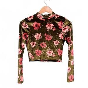 Forever 21 Green Velvet Floral Long Sleeve Crop Top, Y2K Mock Neck Goth, Size S